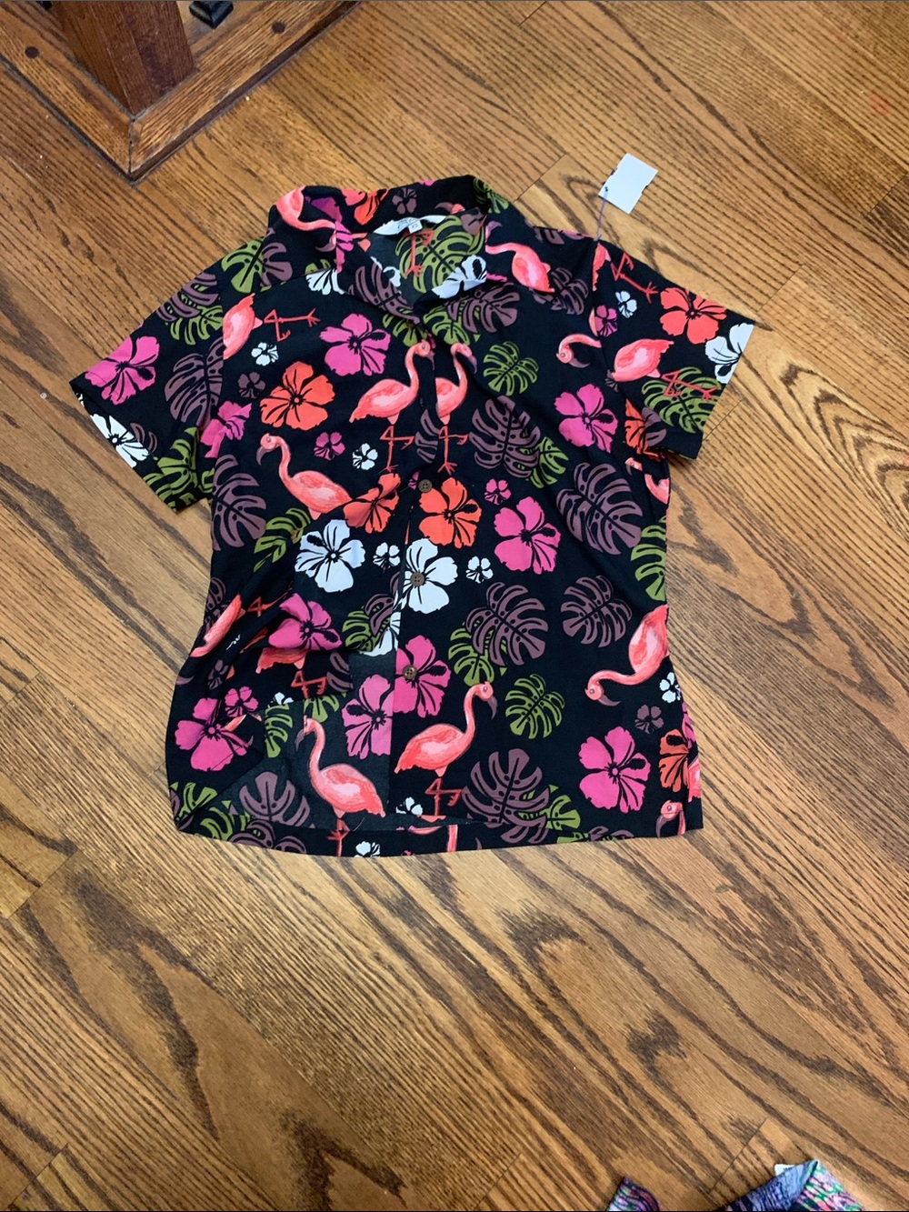 Lavish Black Button-Up Shirt with Pink Flamingo & Tropical Floral Print